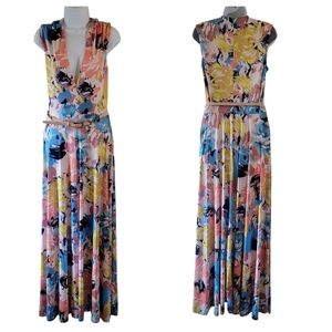 Bebe Colorful Floral Sleeveless Maxi Dress Sz M Pleated Belted Cottagecore Fairy